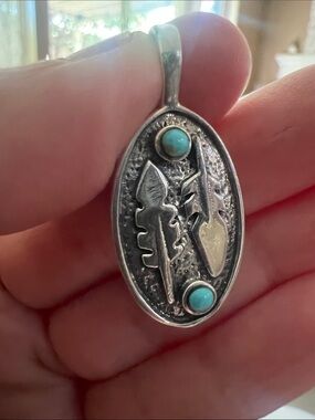 Sterling Silver Oval Feather Pendant with Genuine Turquoise stones